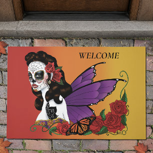 Fairy Sugar Skull Purple Wings Roses Sunset Doormat