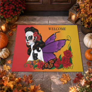 Fairy Sugar Skull Purple Wings Roses Sunset Doormat