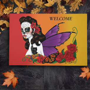 Fairy Sugar Skull Purple Wings Roses Sunset Doormat