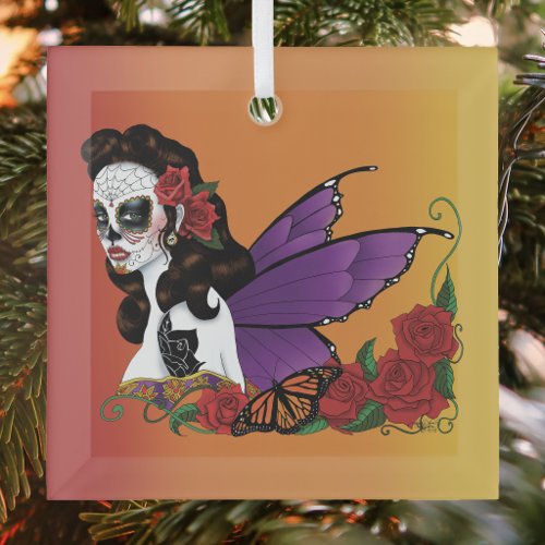Fairy Sugar Skull Purple Wings Roses Sunset Glass Ornament