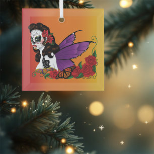 Fairy Sugar Skull Purple Wings Roses Sunset Glass Ornament
