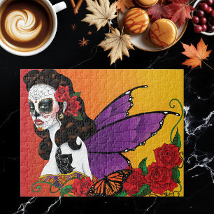 Fairy Sugar Skull Purple Wings Roses Sunset Jigsaw Puzzle