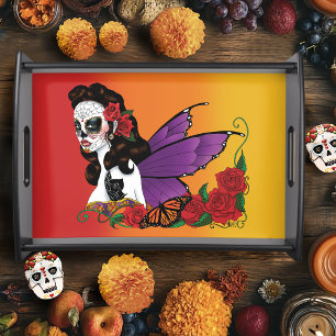 Fairy Sugar Skull Purple Wings Roses Sunset Serving Tray