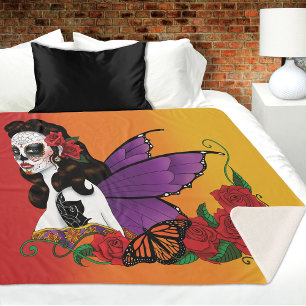 Fairy Sugar Skull Purple Wings Roses Sunset Sherpa Blanket