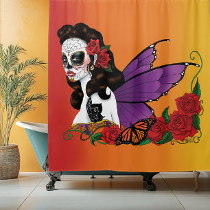 Fairy Sugar Skull Purple Wings Roses Sunset Shower Curtain
