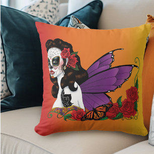 Fairy Sugar Skull Purple Wings Roses Sunset Throw Pillow