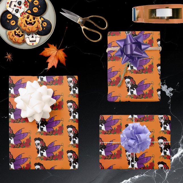 Fairy Sugar Skull Purple Wings Roses Sunset Wrapping Paper Sheets (Creator Uploaded)