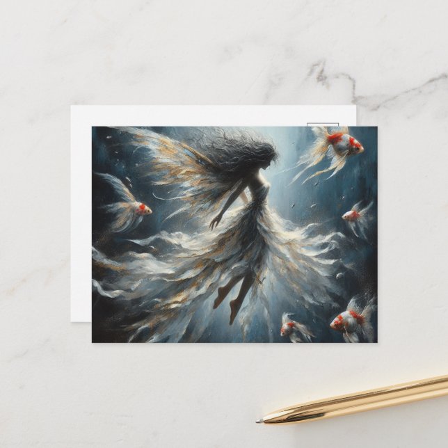 Fairy Swims with Orange and White Fish Postcard (Front/Back In Situ)
