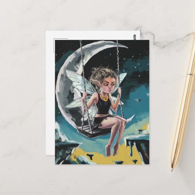 Fairy Swinging from the Moon Postcard (Front/Back In Situ)
