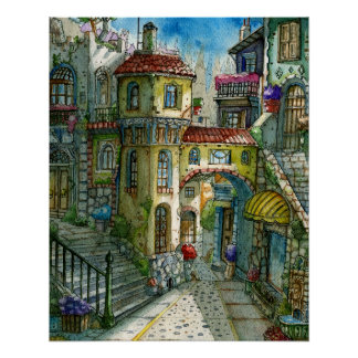 Fairy Tale Alley in Watercolor Poster
