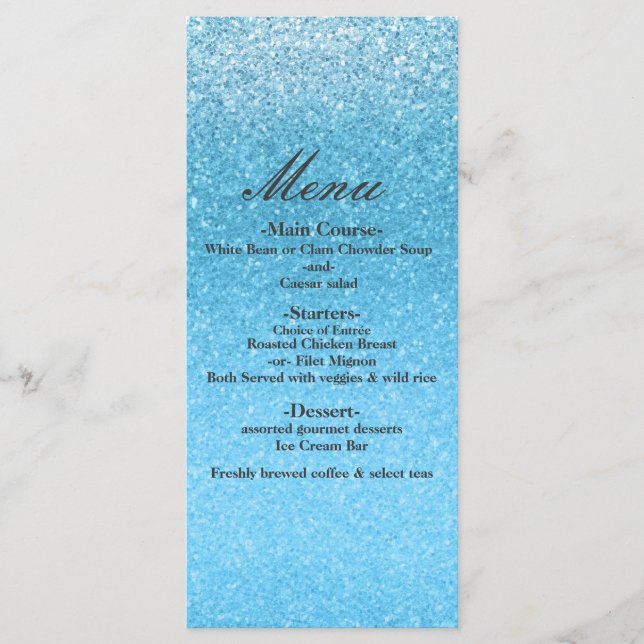 Fairy Tale Blue Glitter Sweet 16 Glam Party Menu (Front)