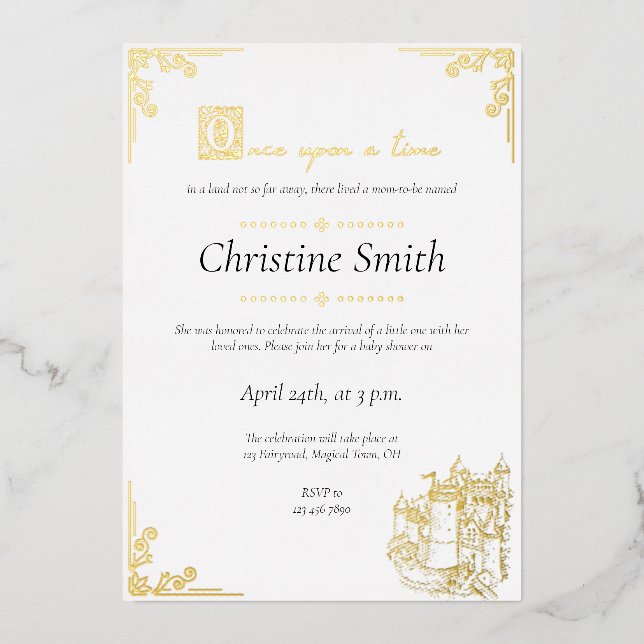 Fairy Tale Book Themed Book Gold Baby Shower Foil Invitation (Front)