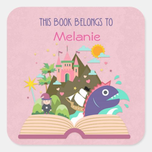 Fairy Tale Bookplate Pink Square Sticker