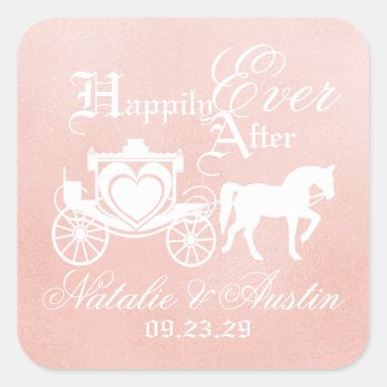 Fairy Tale Carriage Blush Pink Square Sticker by happygotimes at Zazzle