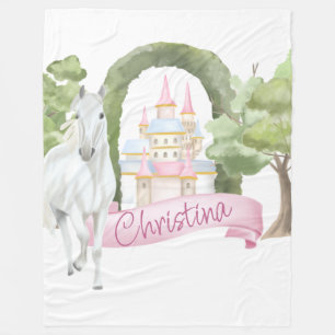 Fairy Tale Castle and White Horse Watercolor Fleece Blanket