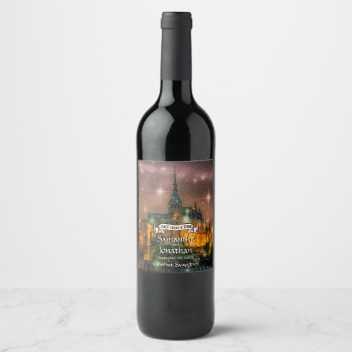 Fairy Tale Castle at Sunset with Stars Wedding Wine Label