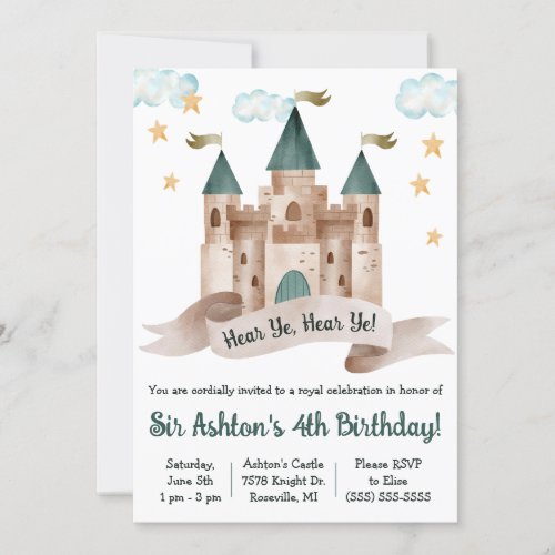 Fairy tale Castle Knight Themed Birthday Party Invitation