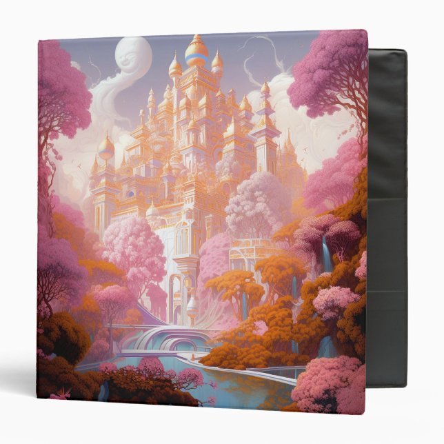 Fairy Tale Castle Pink White Gold Fantasy Art 3 Ring Binder (Front/Inside)