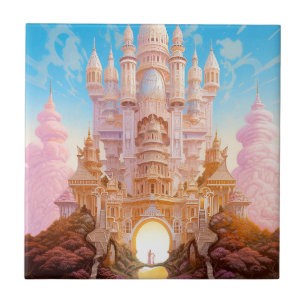 Fairy Tale Castle Pink White Gold Fantasy Art Ceramic Tile