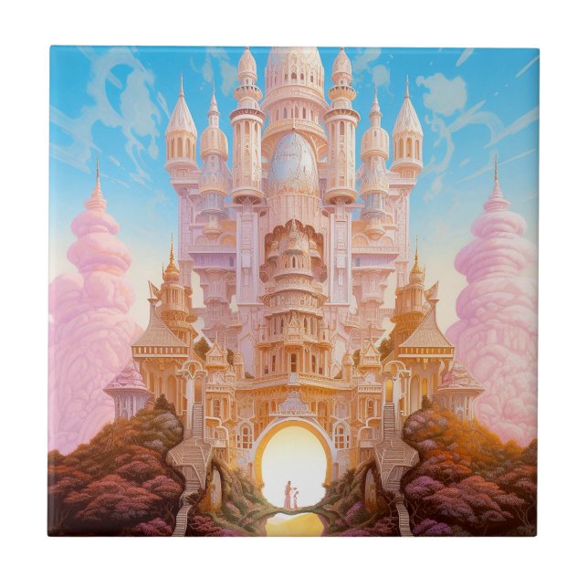 Fairy Tale Castle Pink White Gold Fantasy Art Ceramic Tile (Front)