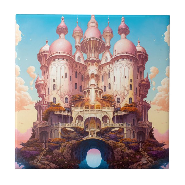 Fairy Tale Castle Pink White Gold Fantasy Art Ceramic Tile (Front)