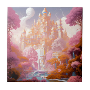 Fairy Tale Castle Pink White Gold Fantasy Art Ceramic Tile