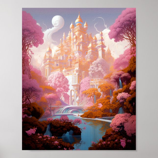 Fairy Tale Castle Pink White Gold Fantasy Art Poster (Front)