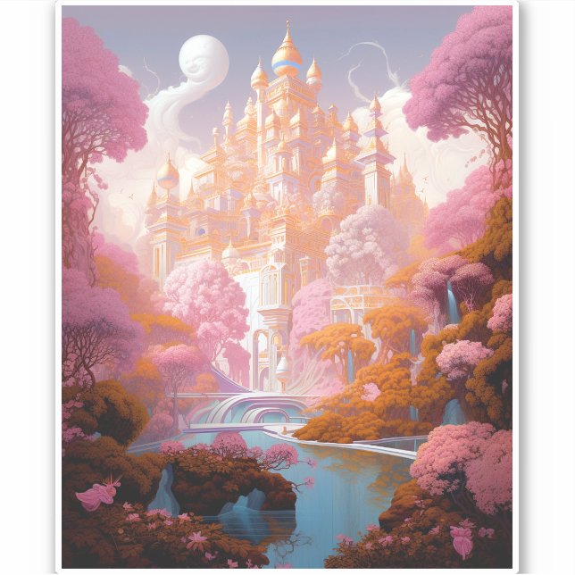 Fairy Tale Castle Pink White Gold Fantasy Art Sticker (Front)