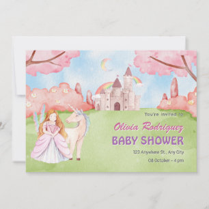 Fairy tale castle princess unicorn baby shower invitation