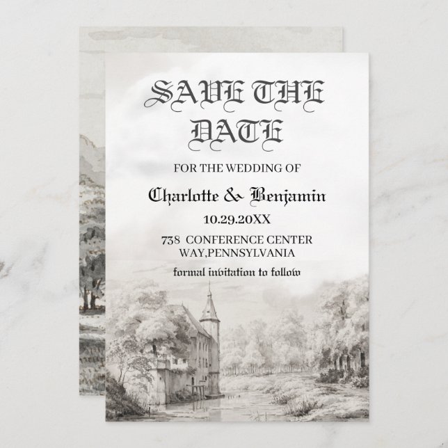  Fairy tale Castle Vintage Wedding Save The Date (Front/Back)