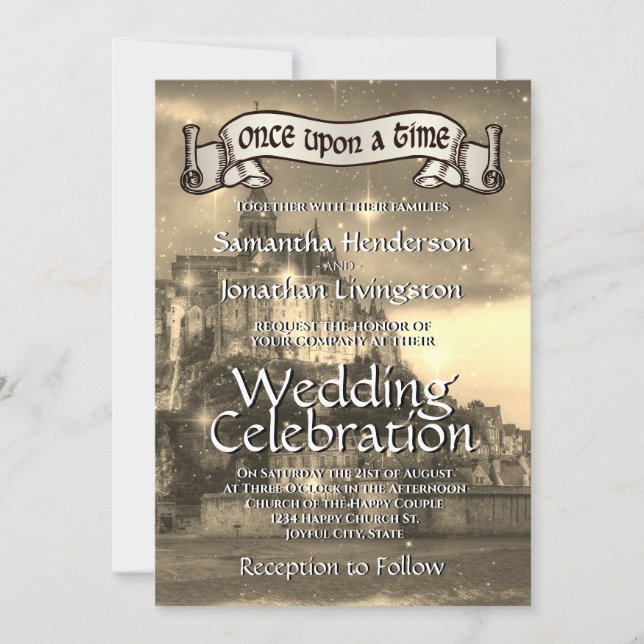 Fairy Tale Castle Wedding Invitation Sepia (Front)