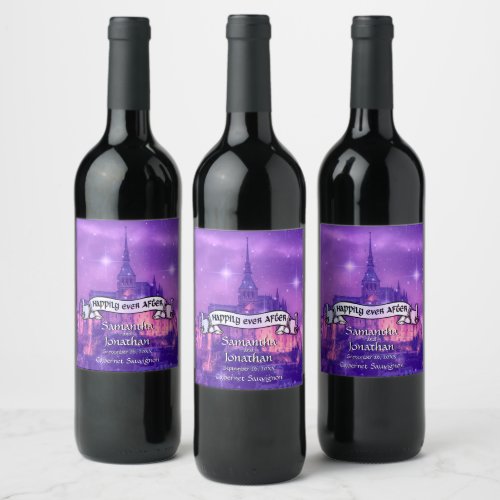 Fairy Tale Castle Wedding Wine Bottle Label Purple