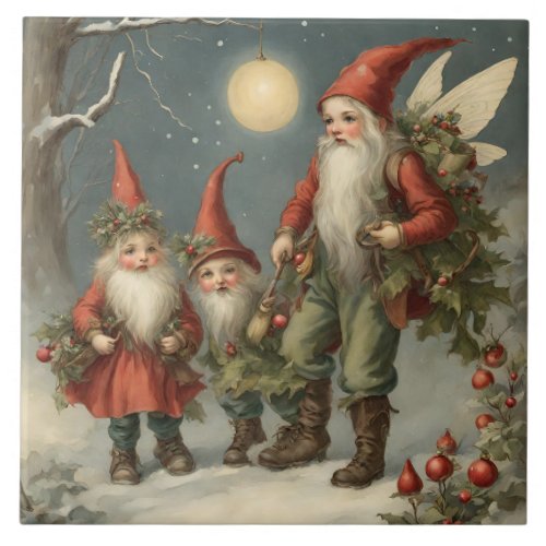 Fairy Tale Christmas Gnome Family in Winter Forest Ceramic Tile