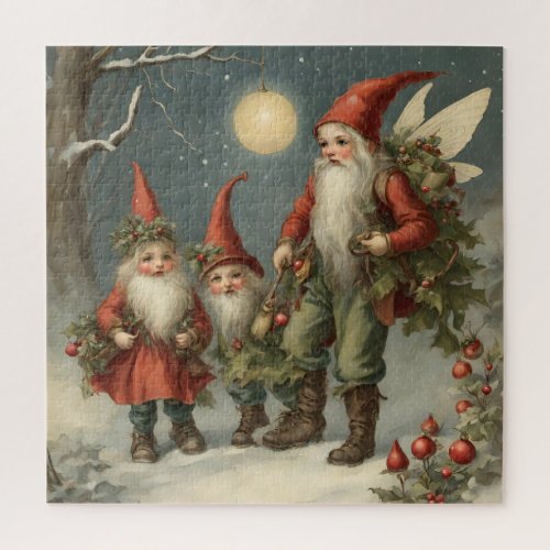 Fairy Tale Christmas Gnome Family in Winter Forest Jigsaw Puzzle