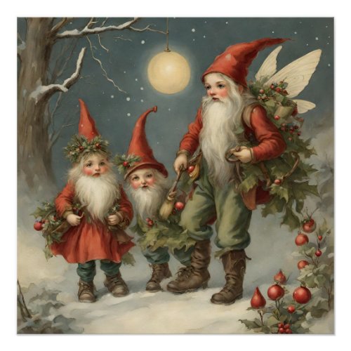 Fairy Tale Christmas Gnome Family in Winter Forest Poster