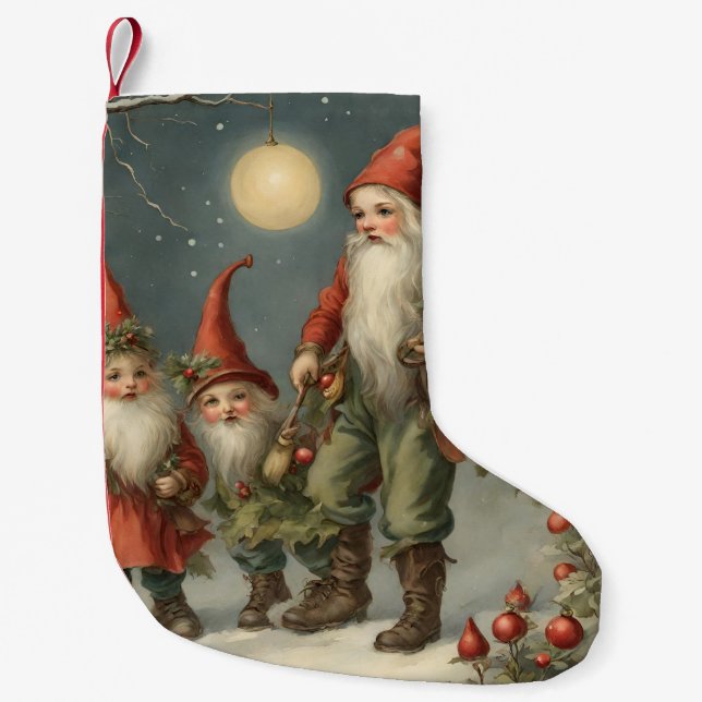 Fairy Tale Christmas Gnome Family in Winter Forest Small Christmas Stocking (Front)