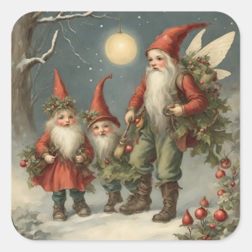 Fairy Tale Christmas Gnome Family in Winter Forest Square Sticker