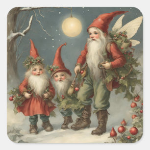 Fairy Tale Christmas Gnome Family in Winter Forest Square Sticker