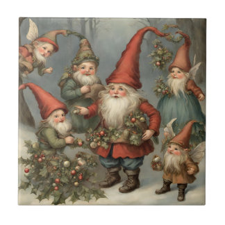 Fairy Tale Christmas Gnomes in the Forest Ceramic Tile