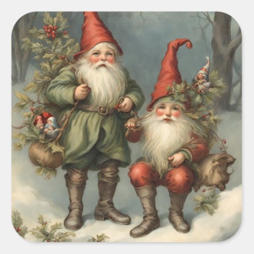 Fairy Tale Christmas Gnomes in Winter Forest Square Sticker