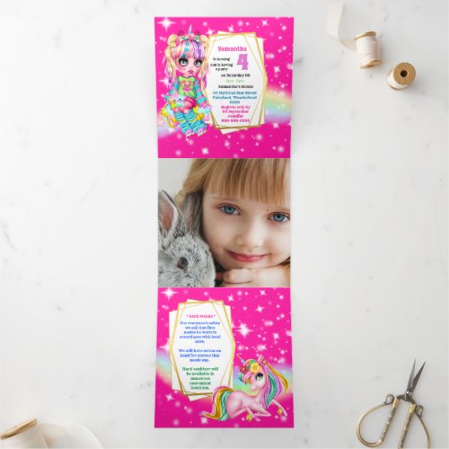 Fairy tale DIY age unicorn rainbow girl pink shine Tri_Fold Card
