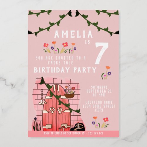 Fairy Tale Door Girl Birthday Party Gold Foil Invitation