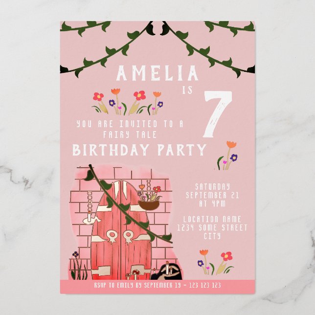 Fairy Tale Door Girl Birthday Party Gold Foil Invitation (Front)
