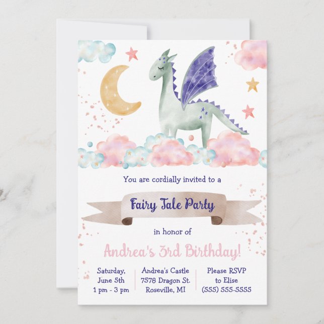 Fairy tale, Dragon Themed Birthday Party Invitation (Front)