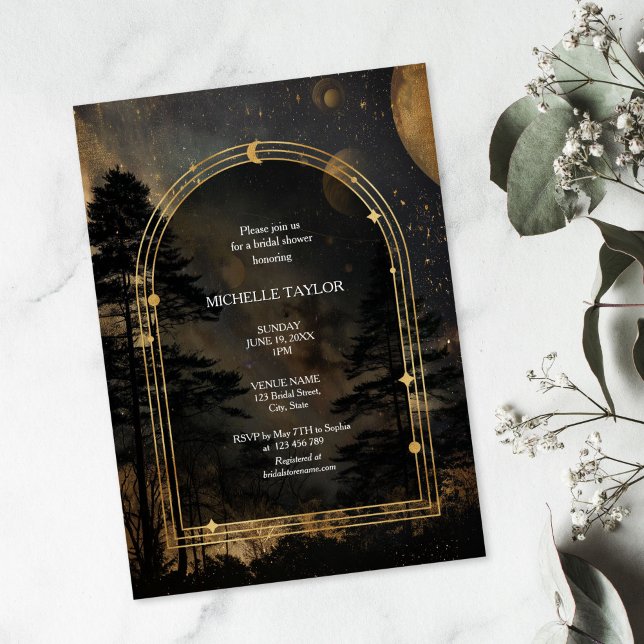 Fairy Tale Enchanted Forest Elegant Floral Bridal Invitation (dark enchanted forest with  gold moon and stars)