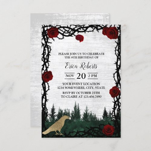 Fairy Tale Forest Rose  Thorn Gold Bird Birthday Invitation