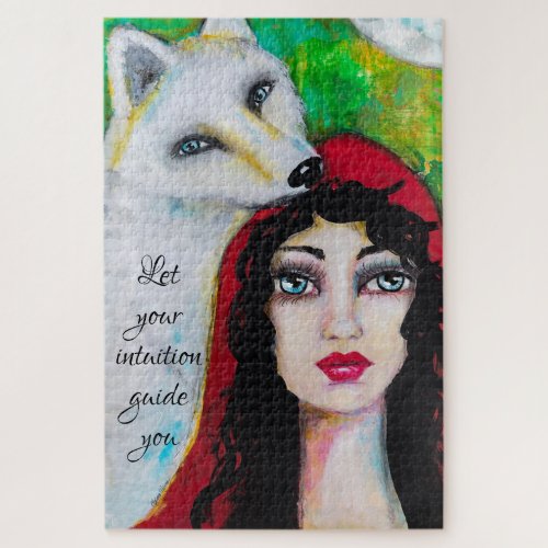 Fairy Tale Girl Red Cloak Wolf Whimsical Art Quote Jigsaw Puzzle