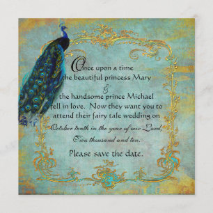 Fairy Tale Gold Filigree Peacock & Crown Save The Date