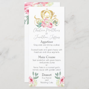 Fairy Tale Gold Princess Carriage and Pink Flowers Menu