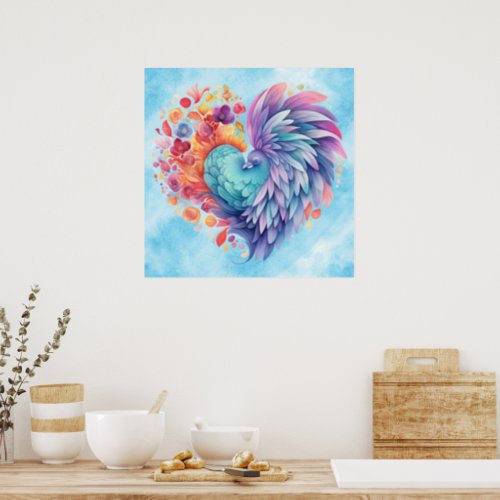 Fairy Tale Heart Shaped Bird Feathers Poster